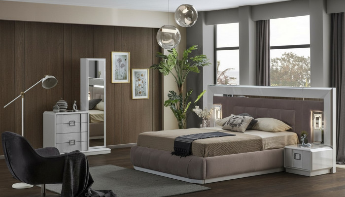 Modern bedroom set: bed + 2x nightstands + dresser with mirror luxury new