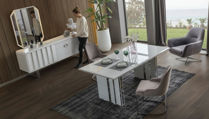 Luxury Dining Room Set: Dining Table + 6 Chairs + Sideboard with Mirror Modern Complete