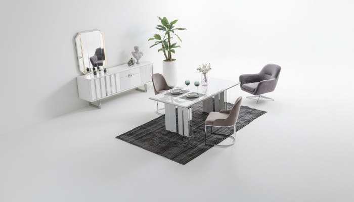 Luxury Dining Room Set: Dining Table + 6 Chairs + Sideboard with Mirror Modern Complete