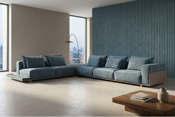 Blue L-shaped sofa sectional living room luxury upholstered furniture luxury design new