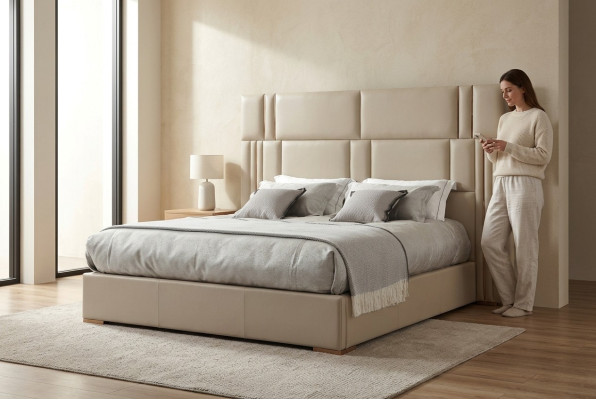 Luxury bedroom bed designer furniture double bed white textile wood new