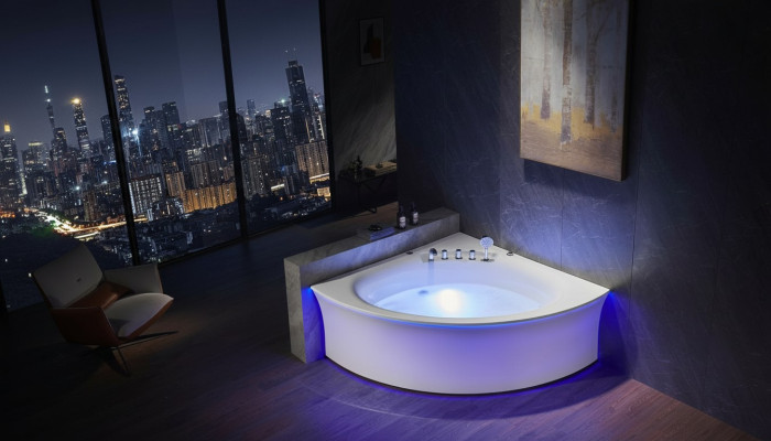 Corner bathtub, bathtub, corner bathtub, whirlpool, ergonomic, waterfall, LED