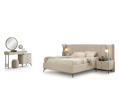 Elegant bedroom set with fabric bed 2x nightstands vanity