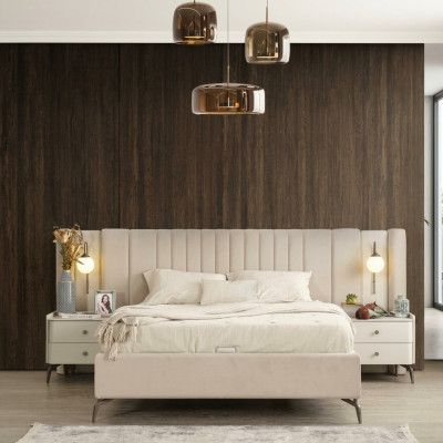 Upholstered furniture set for white bedroom with elegant double bed and 2 nightstands