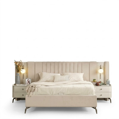 Upholstered furniture set for white bedroom with elegant double bed and 2 nightstands