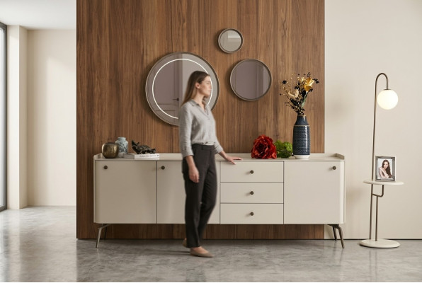 Luxurious white designer dining room sideboard, elegant buffet