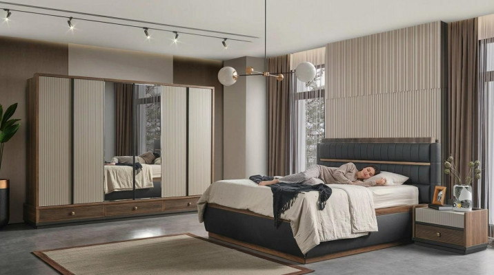 Two-tone bedroom designer set double bed wardrobe dresser