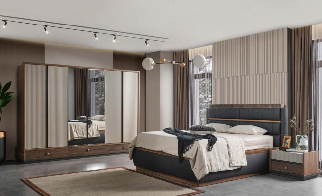 Two-tone bedroom designer set double bed wardrobe dresser