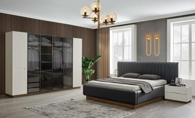 Stylish bedroom designer set textile double bed noble wardrobe