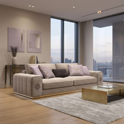 Beige three-seater sofa couch living room upholstered furniture furnishing new furniture