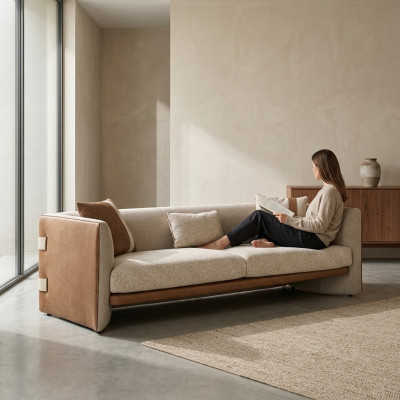 Beige Sofa Luxury Three-Seater Couch Modern Interior Upholstered Furniture Textile