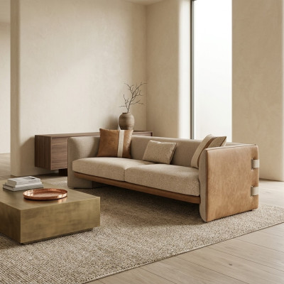 Beige Sofa Luxury Three-Seater Couch Modern Interior Upholstered Furniture Textile