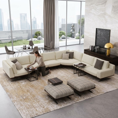 Living room set 5-piece L-shaped corner sofa 2x stools suite design 2x side table