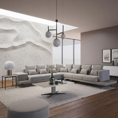 Living room gray upholstered corner sofa L-shape design coffee table side table