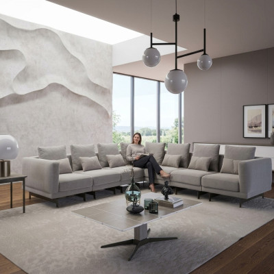 Living room gray sofa couch upholstered furniture new wood coffee table