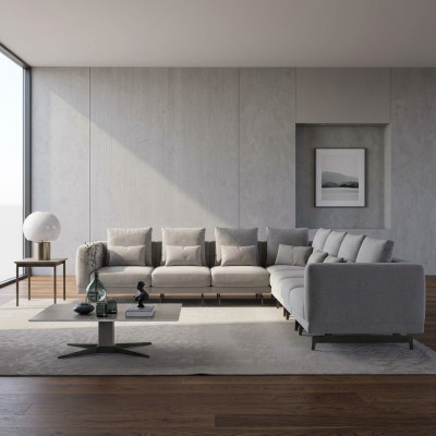 Living room gray sofa couch upholstered furniture new wood coffee table