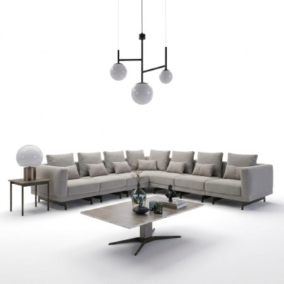 Living room gray sofa couch upholstered furniture new wood coffee table