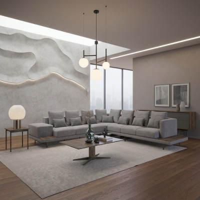 Living Room Set 3-piece Gray Corner Sofa L-Shape Wood Coffee Table Designer Side Table