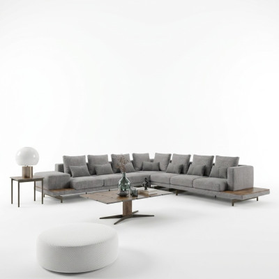 Living Room Set 3-piece Gray Corner Sofa L-Shape Wood Coffee Table Designer Side Table