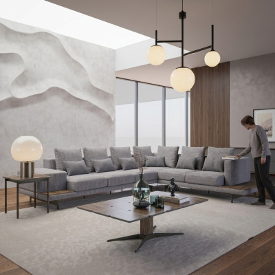 Luxury gray upholstered corner sofa, wood coffee table with side table living room