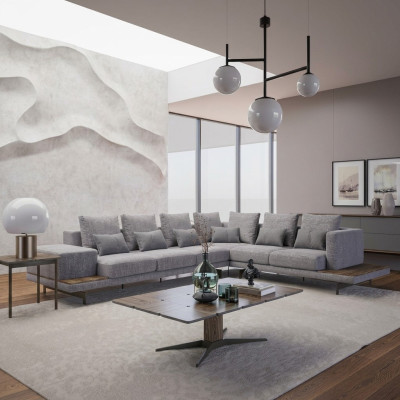 Luxury gray upholstered corner sofa, wood coffee table with side table living room