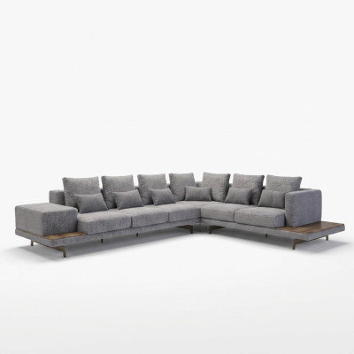 Luxury gray upholstered corner sofa, wood coffee table with side table living room