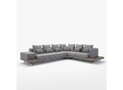 Luxury gray upholstered corner sofa, wood coffee table with side table living room