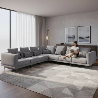 New Complete Furniture Corner Sofa L-Shape Textile Furniture Living Room Wood Coffee Table