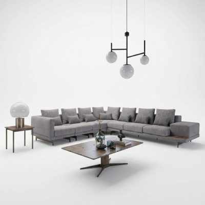 Luxury living room set textile upholstered sofa L-shape wood coffee table with side table