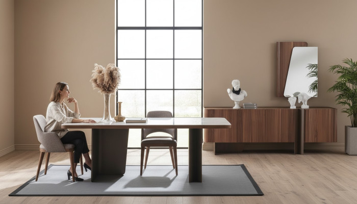 Dining Room 7-Piece Modern Set Dining Table Sideboard Buffet Mirror Chairs