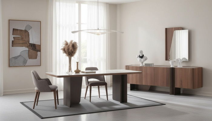 Dining Room 7-Piece Modern Set Dining Table Sideboard Buffet Mirror Chairs