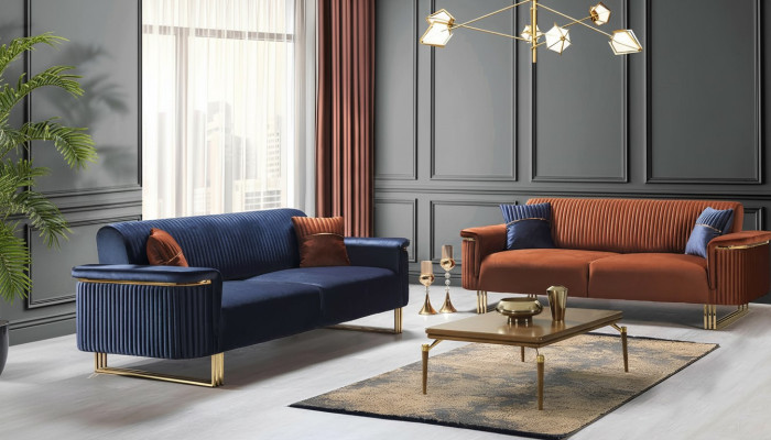 Blue-Orange Living Room Sofa Set Designer Fabric Sofas Modern Furniture 2 Pieces