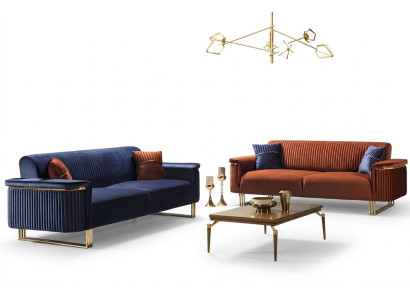 Blue-Orange Living Room Sofa Set Designer Fabric Sofas Modern Furniture 2 Pieces