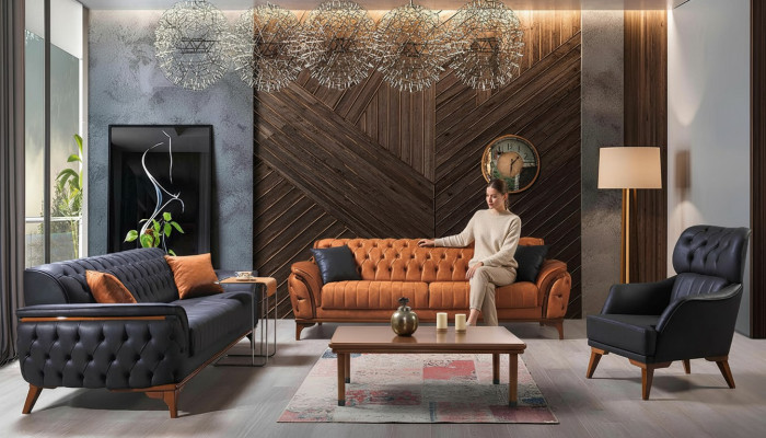 Black-Orange Chesterfield Sofa Set Living Room Couches Armchair 4-piece Set