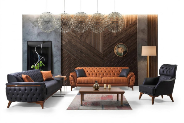 Black-Orange Chesterfield Sofa Set Living Room Couches Armchair 4-piece Set