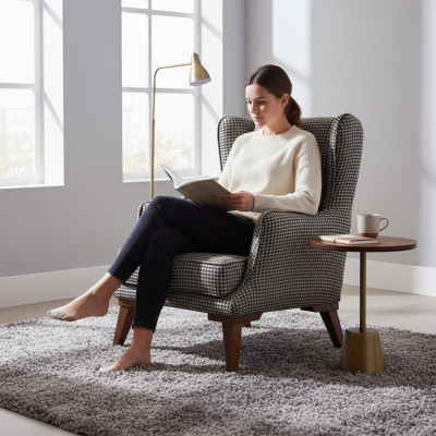 Checkered armchair upholstery 1-seater gray living room fabric reclining armchair