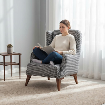 Gray Checkered Single Seater Modern Living Room Single Seater Luxury Furniture