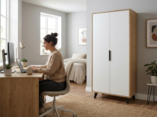 Bedroom wardrobe, modern design, white and brown, two-tone luxury