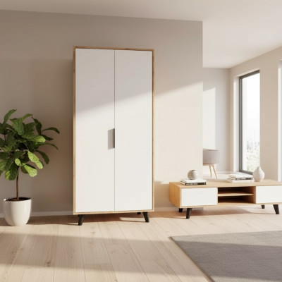 Bedroom wardrobe, modern design, white and brown, two-tone luxury