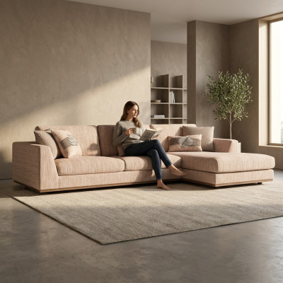 Upholstered Furniture Beige Corner Sofa Luxury Sofa Couch L-Shape Relax Upholstered Sofa Living Room