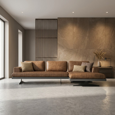 Corner sofa L-shape relax living room brown leather sofa upholstered furniture corner set.