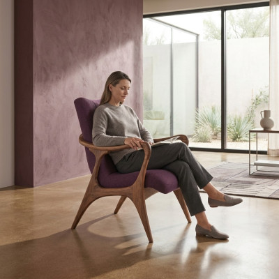 Design seating furniture, purple armchair, couch, seat, living room, wood, modern upholstery, textile