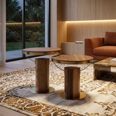 2x Round Side Table Brown Living Room Coffee Table Modern Design