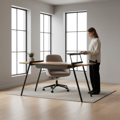Office furniture, work table, brown desk, wooden computer table, table furnishing.