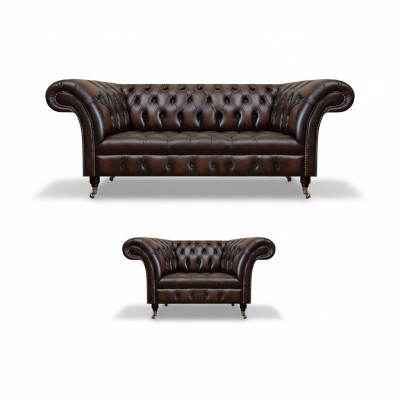 Living Room Set 2-Piece Three-Seater Sofa Couch Chesterfield Armchair New Upholstered Furniture