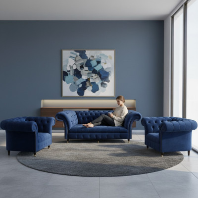 Chesterfield Luxury Furnishings 2x Armchairs Three-Seater Sofa Couch Living Room 3+1+1