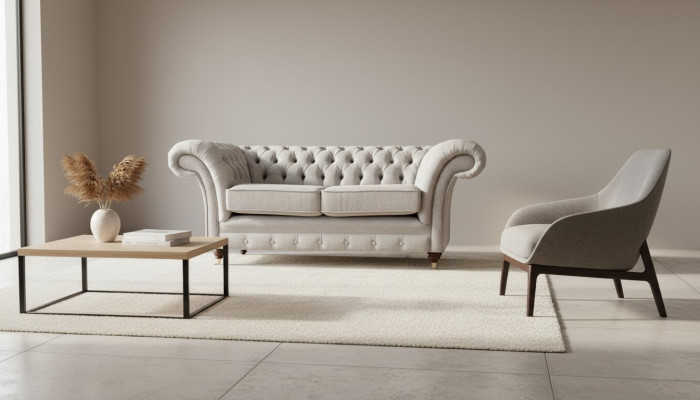 Upholstered Furniture Gray Two-Seater Sofa Couch Living Room Chesterfield