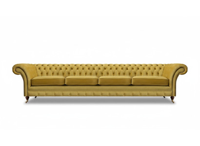Living room yellow sofa four-seater couch Chesterfield upholstered seating furniture