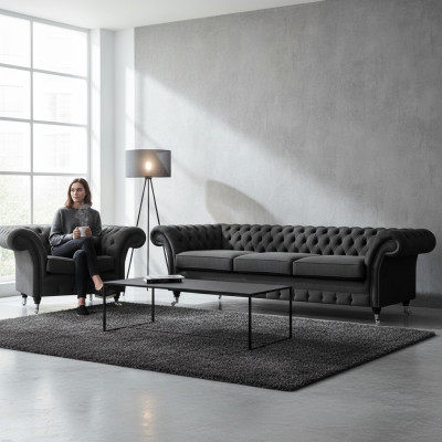 Living room upholstered furniture black three-seater sofa 3+1 armchair Chesterfield