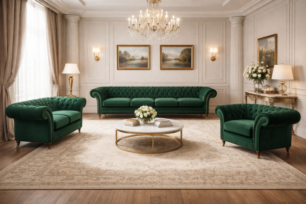 Upholstered Furniture Green Sofas Chesterfield Armchair Living Room 4+2+1 Sofa Set
